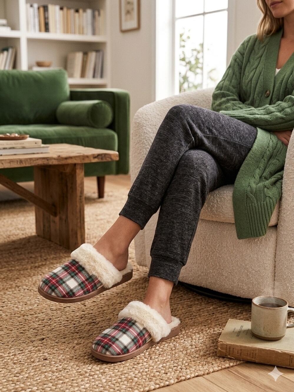 J Crew Factory Women's Christmas Plaid Fleece Lined Slippers Cozy Winter Clog 8